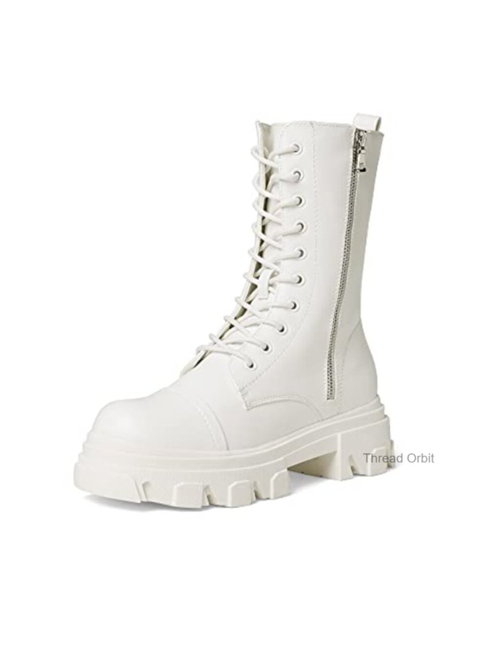 Women's Combat Boots Lace Up Mid Calf Block Heel Faux Leather